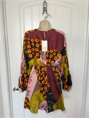 Zara XS Mixed Floral Patchwork Design Boho-Chic Mini Dress Dopamine Dressing thumbnail 2