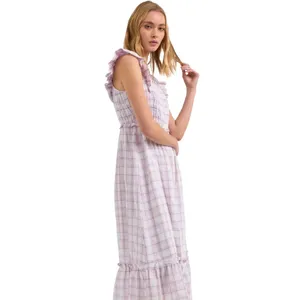 Main Strip Smocked linen type gingham plaid dress thumbnail 2