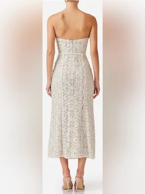NEW ELLIATT Cali Strapless Lace Midi ivory gold Dress Sz XS thumbnail 2
