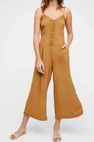 Free People Eileen Jumpsuit Wide Leg Lace Trim‎ Tan Size 0 Boho Coastal Neutral thumbnail 1