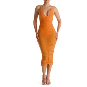 New Naked Wardrobe Power Mesh Ruched Midi Dress Orange - Size Large - Sold Out thumbnail 6
