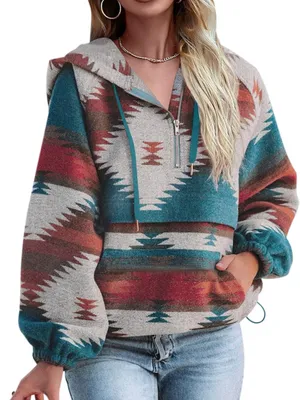 Fessceruna womens medium blue aztec half zip up hoodie sweatshirt oversized thumbnail 2