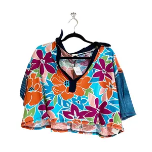 NWOT Free People Floral Striped Collared On A Boat Boxy Crop Polo Shirt thumbnail 7