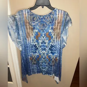 One World blue patterned top shirt Y2K woman’s large thumbnail 2
