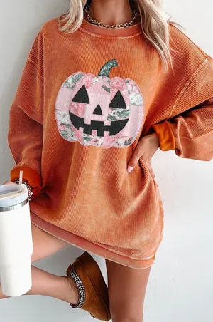 Patchwork Pumpkin Graphic Corded Ribbed Round Neck Tunic Sweatshirt thumbnail 1