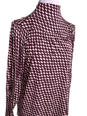 Ann Taylor Mock Neck Houndstooth Blouse Burgundy Cream Medium NWT Popover thumbnail 3