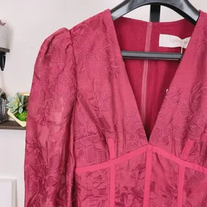 Keepsake the Label Wonderland Plum Red Lace Long Sleeve V Neck Ruffle Mini Dress thumbnail 3