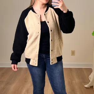 Movint Colorblock Raglan Sleeve Fleece Bomber Jacket L Black Tan Teddy thumbnail 9