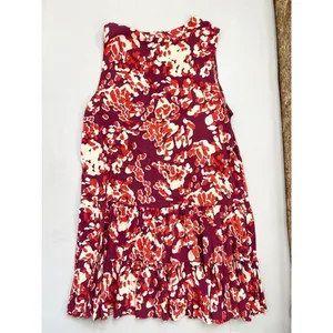 NINE WEST Babydoll Dress Size L Abstract Tiered Ruffle Hem Boho Purple Cream thumbnail 4