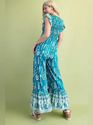 Boutique Turquoise Boho Wide Leg Jumpsuit Resort Vacation Beach Outfit thumbnail 4