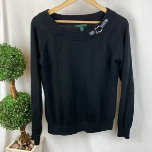 Ralph Lauren Black Knit Long Sleeve Buckle Accent Crew Neck Sweater L thumbnail 2