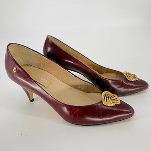 Vintage Etienne Aigner Pumps 8.5N Burgundy Leather Gold Medallion Pointed Toe thumbnail 10