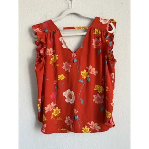 LOFT Women's Orange Red Lily Bar Back Shell Floral Flutter‎ Sleeve Blouse Size M thumbnail 6