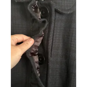 Title: Old Navy L Blue Black Plaid Wool Blend Ruffle Placket Long Coat MSRP $80 thumbnail 4