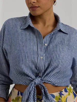 NWT Ralph Lauren Women’s Shirt Relaxed Fit Pinstripe 100% Linen Pinstripe Button thumbnail 1