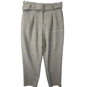 Ann Taylor Cropped Dress Pants Glen Plaid Belted Tapered Tan Preppy Womens 4P‎ thumbnail 2