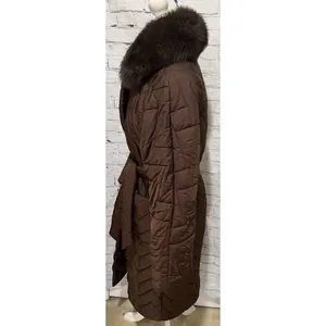 Monica Milano Brown Quilted knee-length, belted puffer coat with a fur collar 4 thumbnail 3