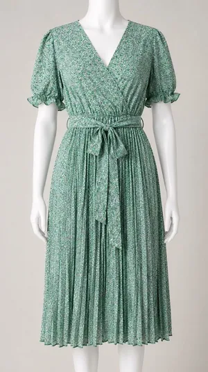 Fashion Floral Pleated Midi Dress Green Purple‎ Ditsy Puff Sleeve V-Neck Size M thumbnail 1