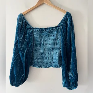 Anthropologie Smocked Puff Sleeve‎ Blue Velvet Square Neck Long Sleeve Top thumbnail 2