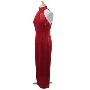 Vintage 90s Sequined High Neck Gown Open Back Maxi Dress Red Womens 8 thumbnail 6