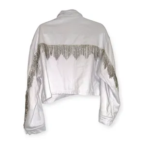 White Fox Women's M/L White Denim Rhinestone Fringe Cropped Western Jacket thumbnail 4