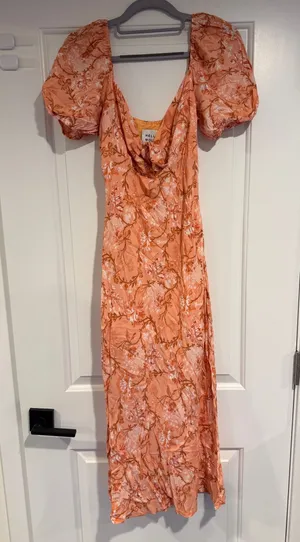 Hello Molly Orange Floral Print Puff Sleeve Midi Dress Women's Size US 8 NWT thumbnail 1