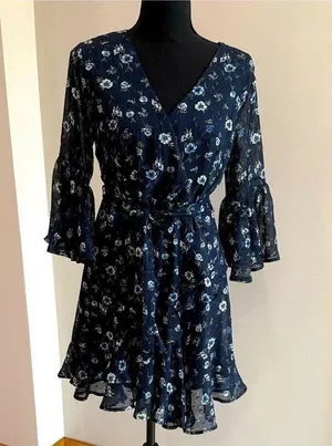 Altar’d State Women's Blue Floral Metallic Stripe Mini Ruffle Dress Size Medium thumbnail 1