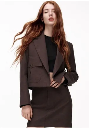 NEW Zara Brown Gingham Cropped Blazer XS Plaid Tailored Office Jacket Chic thumbnail 1