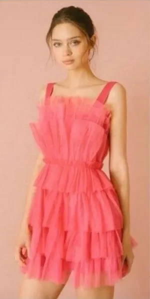 NWT Storia Tulle Tiered Mini Dress M Pink Babydoll Ruffle Satin Strap thumbnail 1