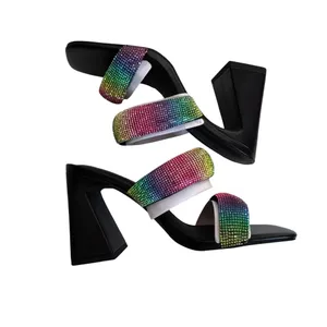 Open Edit Black Rainbow Rhinestone Square Toe‎ Block Heel Mules Slide  Size 8M thumbnail 3