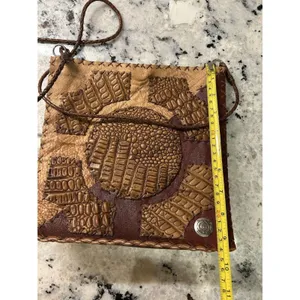 Brown Leather Patchwork Shoulder Bag Purse Unlined Boho Hippie Festival Snap thumbnail 5