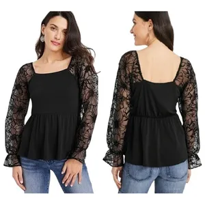 Maurices Black Velvet Burnout Sleeve Peplum‎ Top Square Neck Medium 203286Y thumbnail 9