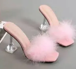 Pink Fluffy Feather PVC Stilletto Mule Heels Size 39 thumbnail 1