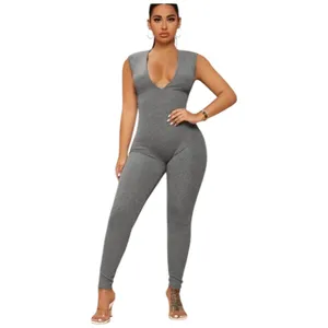 SheIn Gray Ribbed Knit Plunge Sleeveless Jumpsuit S Stretchy Bodycon Catsuit thumbnail 2