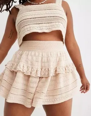 Aerie‎ Peach Pink Crochet Tiered Ruffle Mini Skirt High Waisted Size Medium thumbnail 1