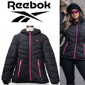Reebok | NWOT Women's Black Pink Trim Thick Winter Puffer Jacket Coat (size XL) thumbnail 2