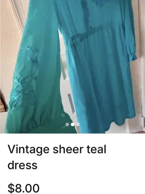 Vintage Teal Long Sleeve Midi Dress with Pintuck and Embroidered Detail thumbnail 2