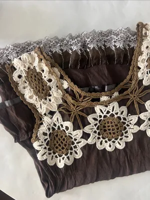 Brown Cottagecore Crochet Lace Trim 90s Vintage Brown Tiered Ruffle Tank Top M thumbnail 4