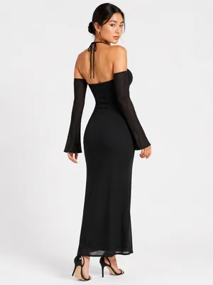 Runaway The Label Black Halter Mesh Sleeve Maxi Dress US Size 10 Gothic Formal thumbnail 9