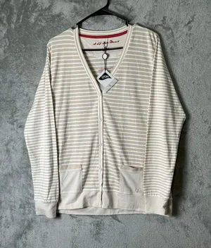 Blue Willi's Striped Cardigan Sweater Beige White Button Front Women's Large New thumbnail 1