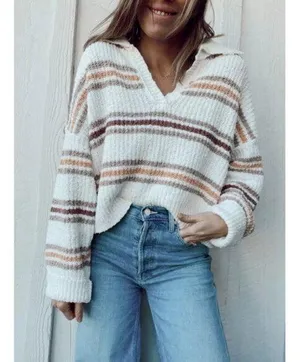FREE PEOPLE Kennedy Stripe Pullover in Cream Size Small thumbnail 1