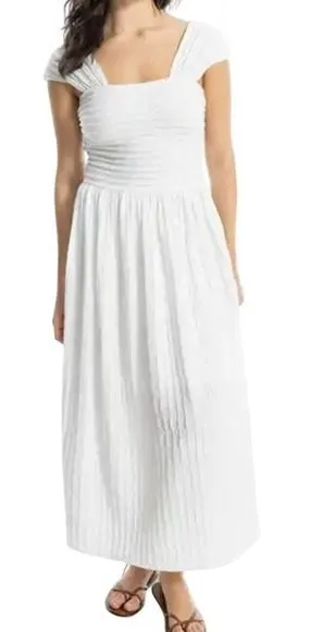 Max‎ Studio London White Midi Dress Women's L Textured Smocked Sundress Resort thumbnail 1