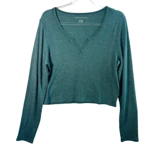 American Eagle Waffle Knit Thermal Top Cropped Notch Neck Teal Green XL Soft Y2K thumbnail 1