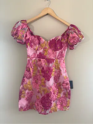 Lulus Luxe Direction Pink Floral Jacquard Puff Sleeve Mini Dress Size XXS flirty thumbnail 4