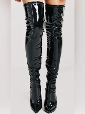 Zara Black Patent Over-The-Knee Block Heel Boots thumbnail 2