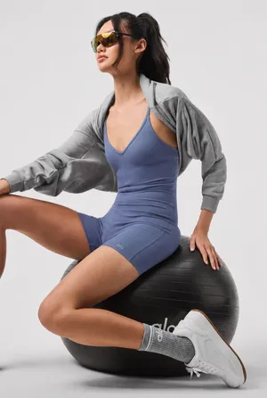 Alo Yoga Alosoft Suns Out Onesie Blue Gray Biker Romper M thumbnail 1