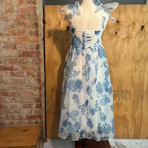 Sleeveless Chiffon Blue Floral Print Cocktail Party Corset Dress Sz M thumbnail 5