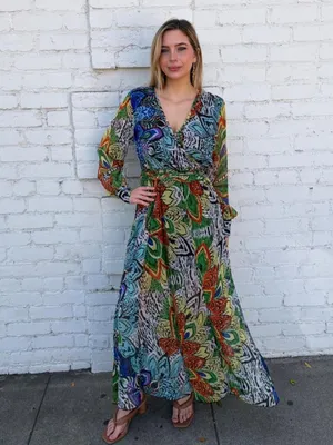 NWT Bandolino tropical safari maxi dress with multicolored abstract floral and leaf-like design sz M thumbnail 6