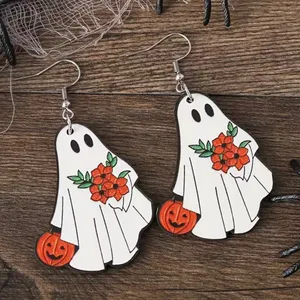 White Ghost Pumpkin Pattern Dangle Halloween Earrings‎ Wooden Jewelry thumbnail 5