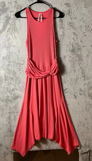 Anthropologie Ribbed Kingsolver Dress MD Handkerchief Hem‎ Coral Summer Tropical thumbnail 1